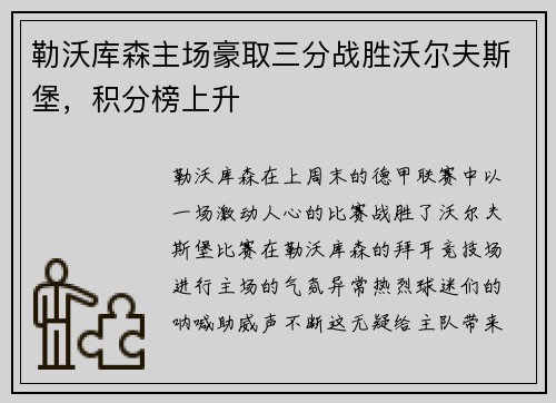 勒沃库森主场豪取三分战胜沃尔夫斯堡，积分榜上升